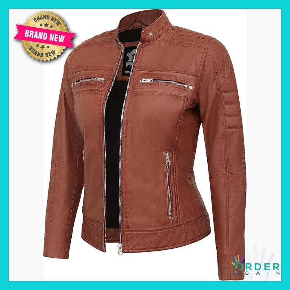 Quilted Cafe Racer Lambskin Leather Jacket Women's Classic Chic Motorcycle Style